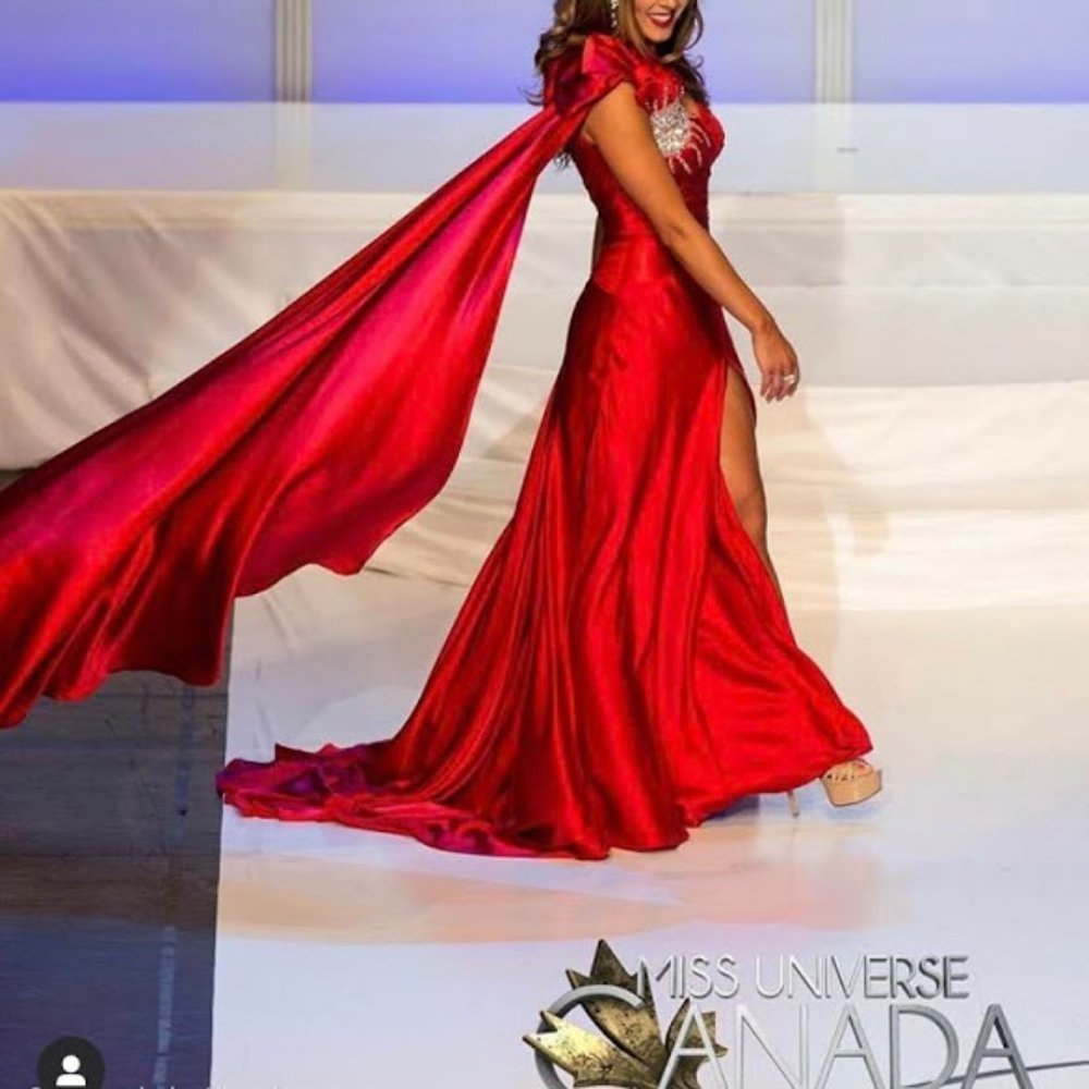 Mac Duggal -Red one sleeved  caped Pageant Dress